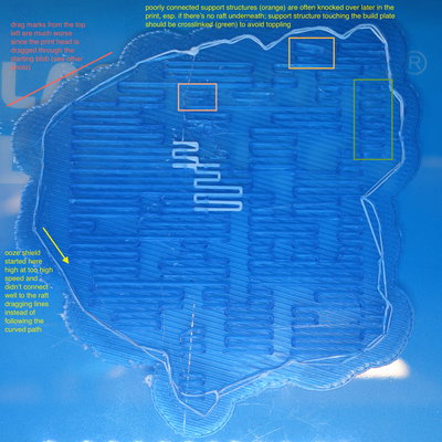 DSC03811.JPG (1.15 MiB) Viewed 1007 times Problem 2/3/4: bad first ooze shield layers, drag marks from starting blob, and lonely fragile support structures.