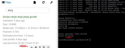 the real stat from octoprint and the calculated print time by gcodestat